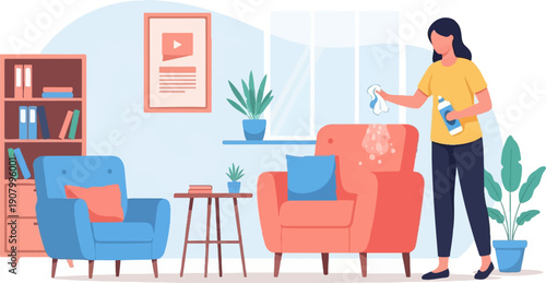 Woman cleaning armchair in living room with plants and bookshelf