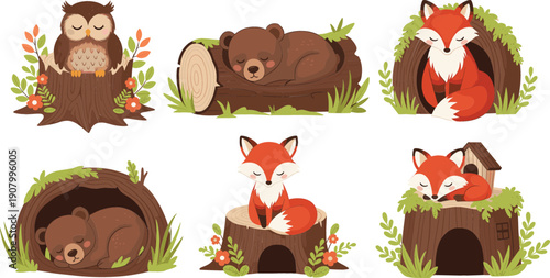 Cute woodland animal vector set featuring sleeping fox bear and owl in hollow logs and tree stumps for nursery decor children stickers and autumn forest themed designs.