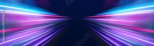 Neon light trails rush through a dark abstract space, forming waves of speed and flow. Motion lines pulse with energy and depth. A futuristic backdrop for use.