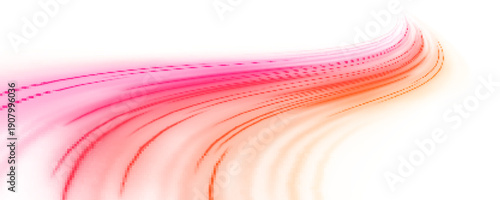 Glowing light ribbons twist diagonally across a dark abstract frame. Bright particles pulse along motion paths. Designed for bold digital PNG.