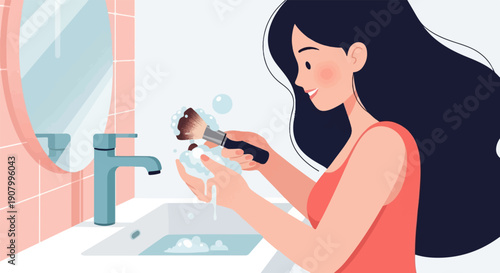 Woman cleaning makeup brush in bathroom sink