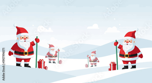 Two large and two small Santas stand in snowy landscape with gifts