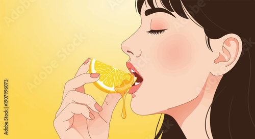 Woman enjoying a juicy lemon slice with juice dripping