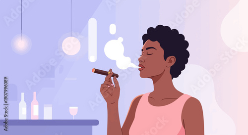 Woman exhales smoke from a cigar in a dimly lit room with bottles and a glass