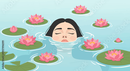 Woman floating in water surrounded by blooming pink water lilies on a calm pond