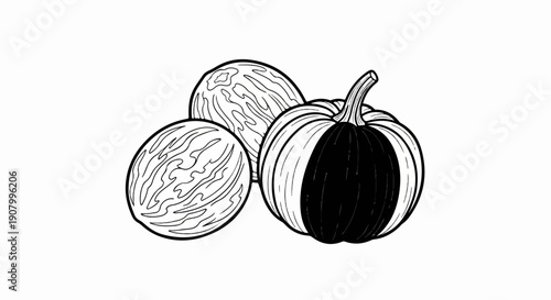 Two striped gourds and one dark ribbed pumpkin