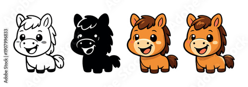 Cute cartoon horse character design in four different styles