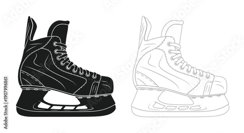 Black and white illustration of a single ice skate shown in two styles
