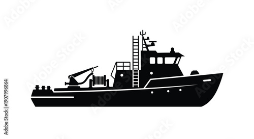 Black silhouette of a fishing boat with a crane and ladder