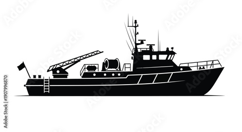Black silhouette of a fishing boat with a crane on deck