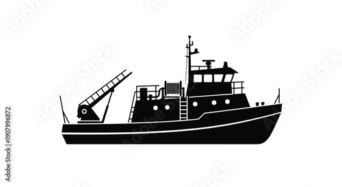 Minimalist black silhouette of a fishing vessel at sea