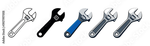Monochrome wrench icons: gray scale design with highlighted blue version