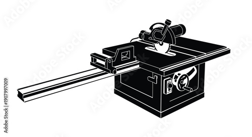 Black and white illustration of a table saw woodworking machine