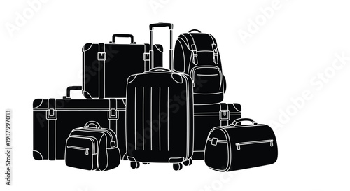 A collection of black and white luggage and travel bags stacked together
