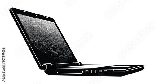 A black laptop is displayed in a three quarter view on a white background