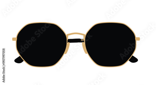 A pair of stylish rounded black sunglasses with gold frames displayed