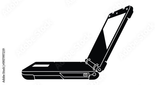 Simple black and white illustration of a clamshell laptop computer