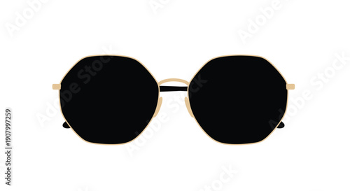 A front view of stylish octagonal shaped sunglasses with gold frames