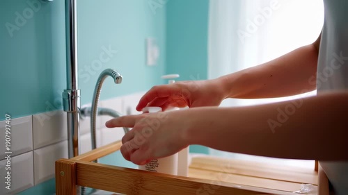 Hands preparing a white shampoo bottle near bathroom faucet and tiles