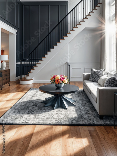 Traditional home entryway with a grand wooden staircase and a flower bouquet