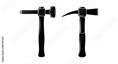 Two black silhouettes of hammers one with a pick and one standard