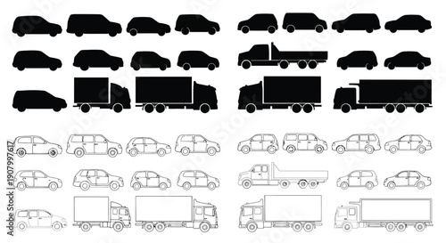 Collection of vehicle silhouettes cars trucks and vans displayed