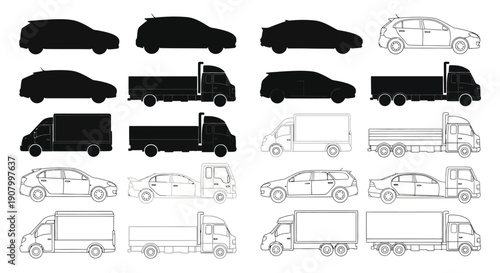 Black and white vector silhouettes of various commercial and passenger vehicles