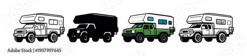 Diverse camper trucks in different configurations on gradient background