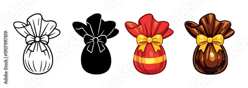 Four festive gift bags with bows in different styles and colors