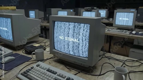 Abandoned Computer Lab Filled with Outdated Monitors Showing No Signal Messages