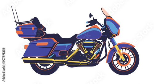 Stylized illustration of a blue and orange motorcycle with a large fairing