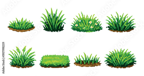 Collection of eight lush grass variations on green background