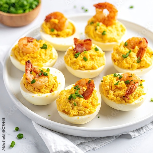 Savory deviled eggs topped with shrimp and garnish
