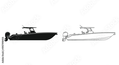 Silhouette of a powerboat shown in black and white line art