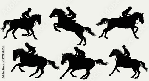 Silhouettes of horses and jockeys in various galloping positions.