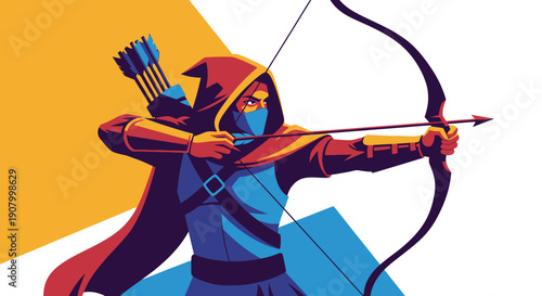 Illustration of a hooded archer aiming a bow and arrow.
