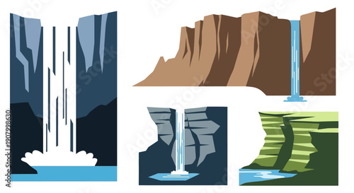 Collection of Waterfall Illustrations in Various Landscapes.