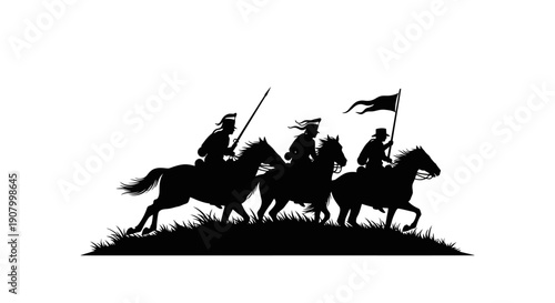 Silhouette of three horsemen riding through grassy terrain.