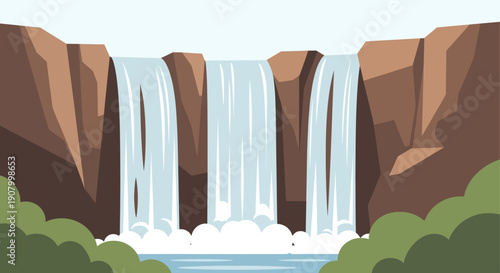 Serene Waterfall Landscape with Rocky Cliffs and Greenery.