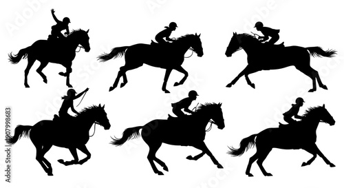 Collection of silhouettes of horse riders in various dynamic poses.