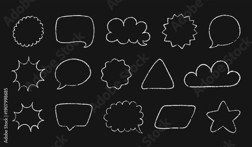 Black and white outline speech bubbles hand drawn with chalk texture. Set of communication frames and borders with scribble grunge brush lines. Vector shapes for text, childish designs, stickers.