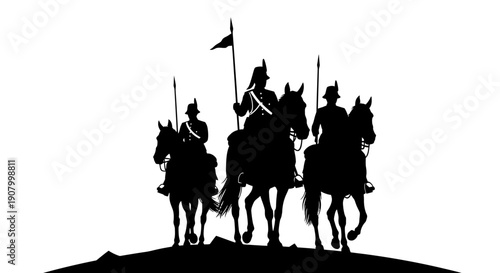 Silhouette of three horsemen on horseback with flags and spears.