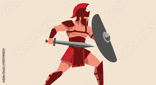 Ancient Greek or Roman warrior in combat stance with sword and shield.