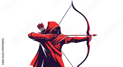 Illustration of a hooded archer aiming a bow and arrow.