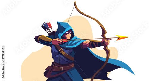 Illustration of a female archer in a blue hooded cloak aiming a bow and arrow.