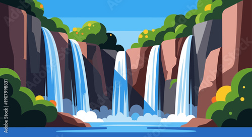 Serene Waterfall Landscape with Rocky Cliffs and Lush Greenery.