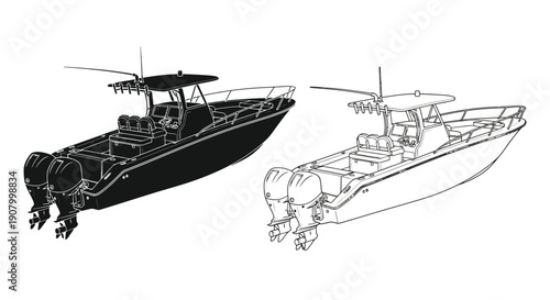 Two renderings of a center console fishing boat one in solid black and one as a line drawing