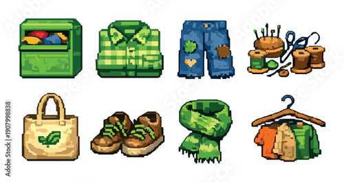 Pixel art clothing and sewing supplies with green aesthetic