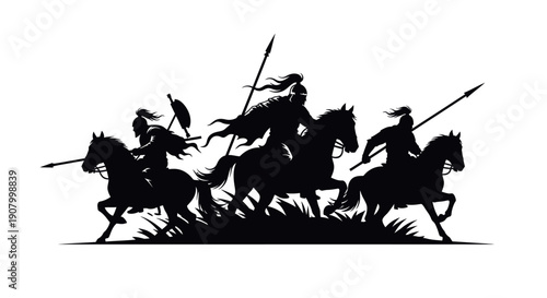 Silhouette of three horsemen riding and fighting with swords.