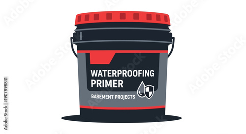 A dark colored plastic bucket labeled for waterproofing primer and basement projects